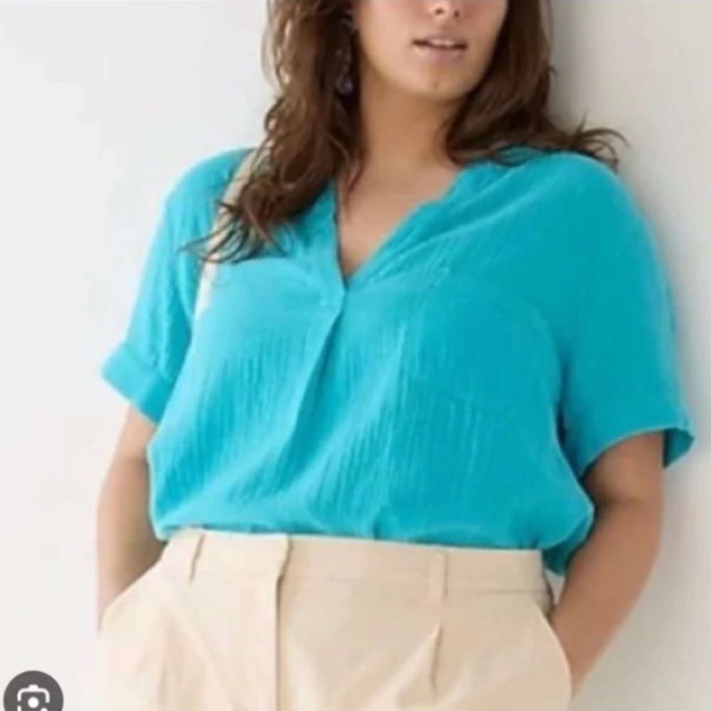New J. Crew JCREW Blue Popover Cotton Vneck Blouse XXS